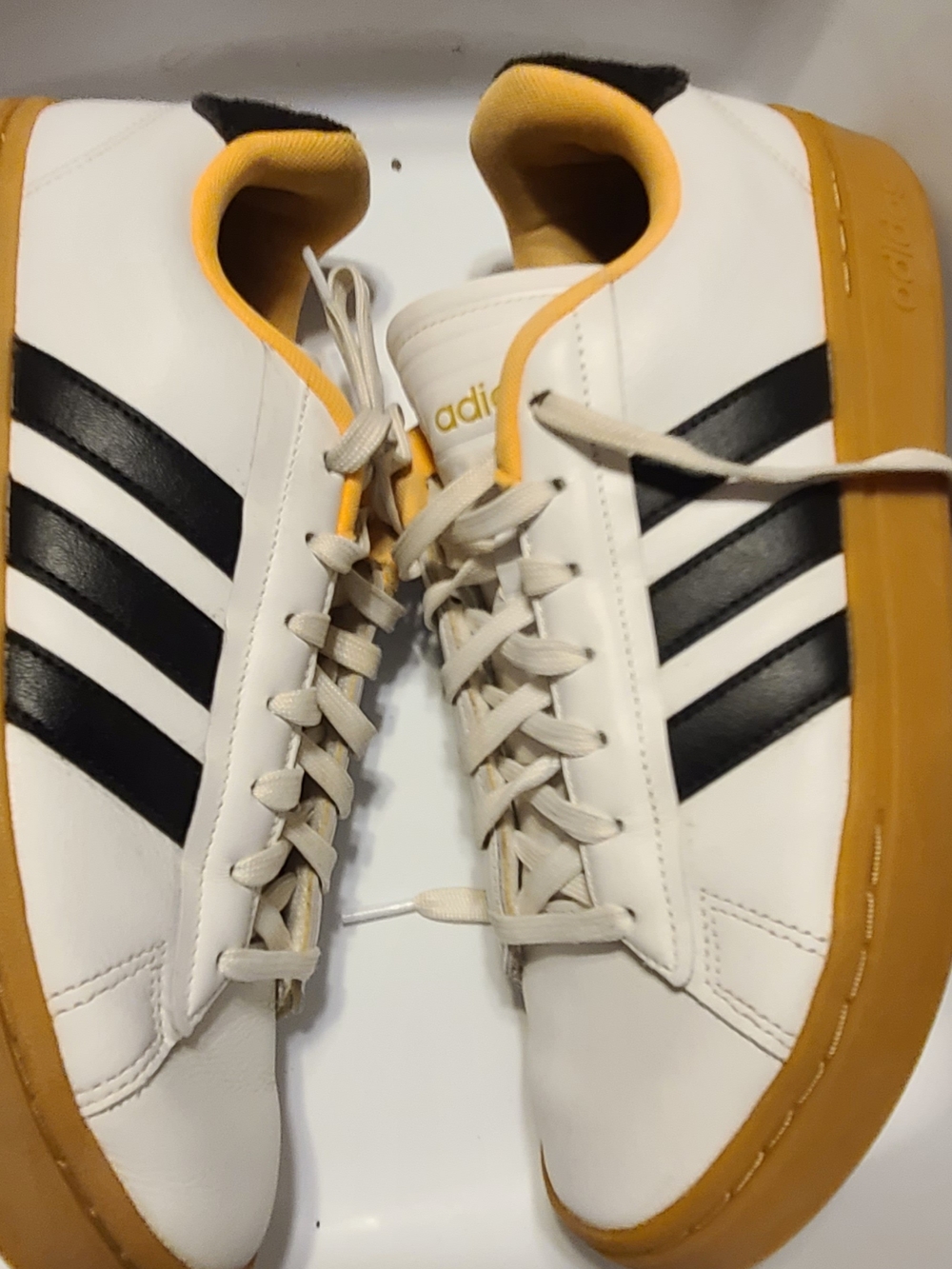 adidas White Black Gum Low-Top Sneakers with Yellow Accents